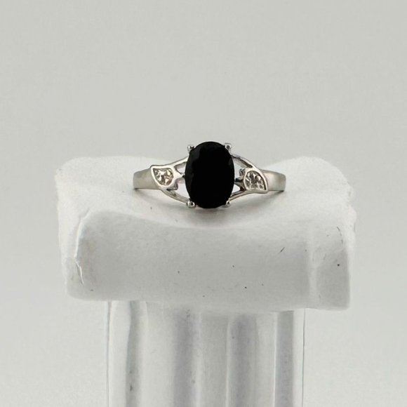 Black Sapphire and Diamond Accent Oval Ring - Sterling Silver - Size 7 - Simple - Picture 6 of 12